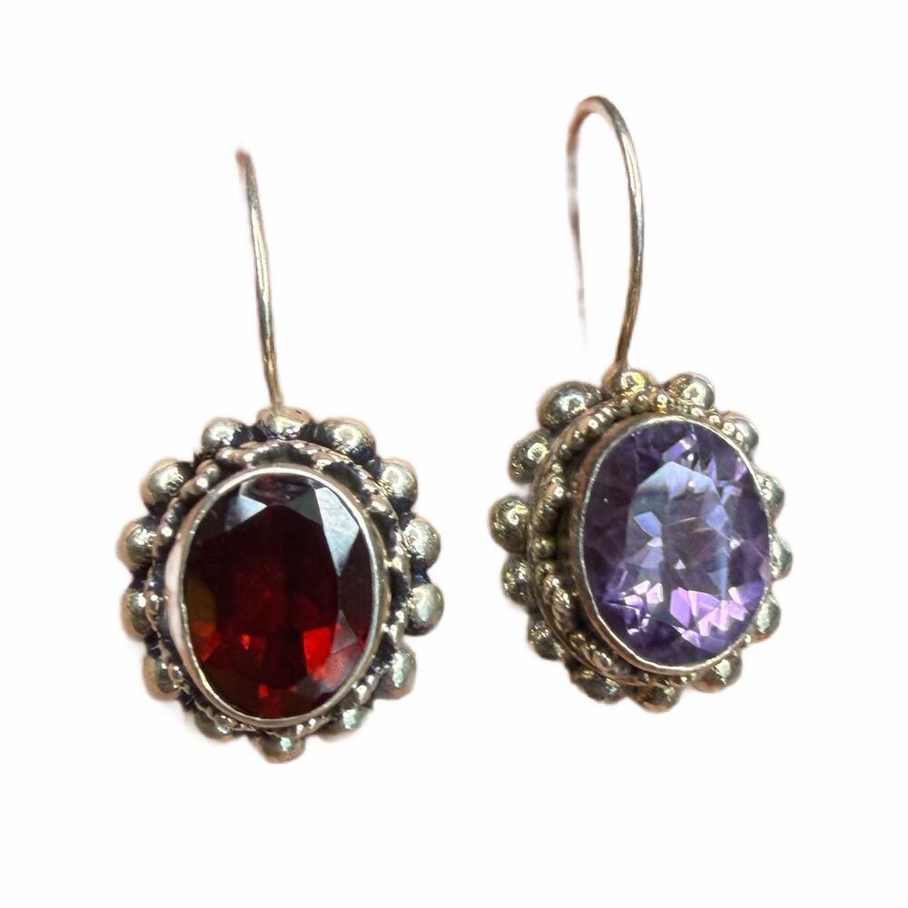 Oval Rope Twist Sterling Silver & Amethyst & Red Stone Earrings 925 BA Indonesia